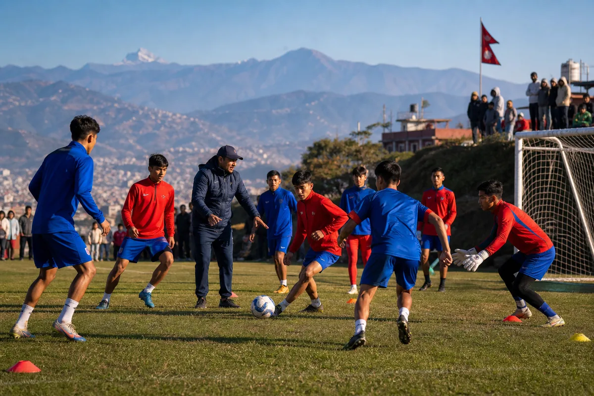 Fictional Nepal youth and senior footballers training together on a mountain-edge pitch