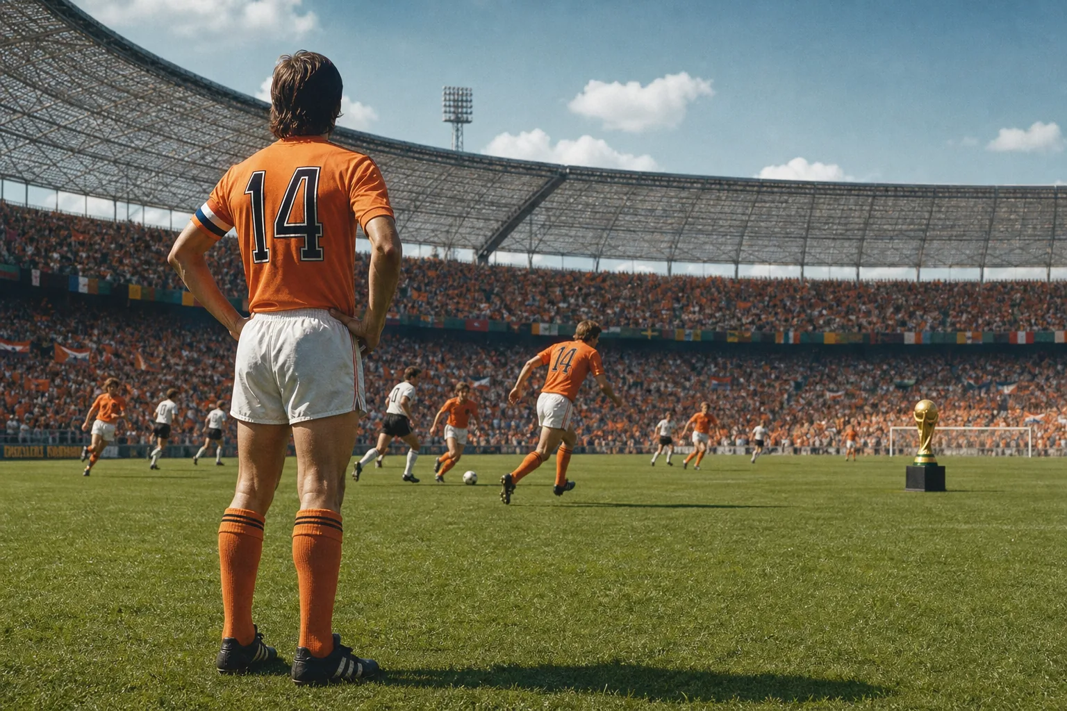 A fictional Dutch captain in the 1974 World Cup final with the trophy just beyond reach
