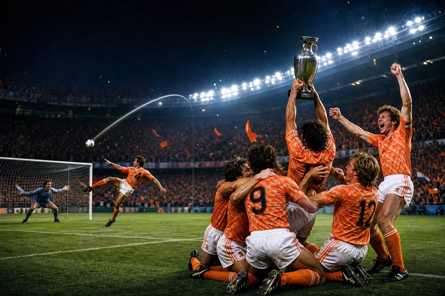 Fictional Dutch players celebrating the Euro 1988 title around a European championship trophy