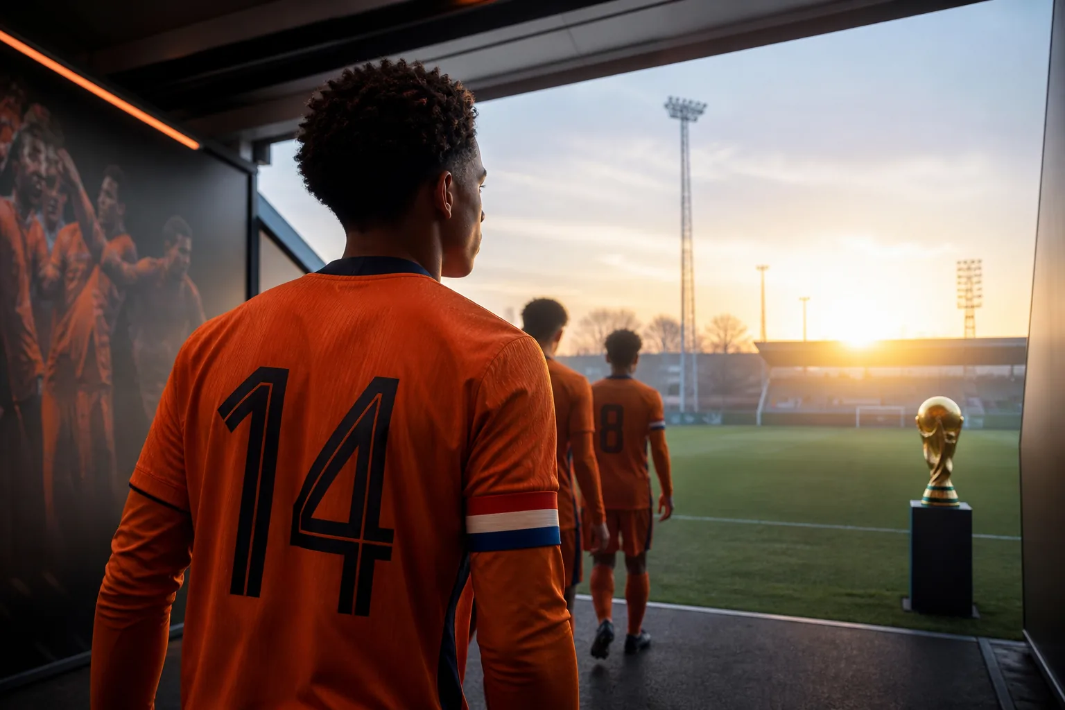 A fictional young Dutch player walking toward a bright stadium pitch and a distant World Cup trophy
