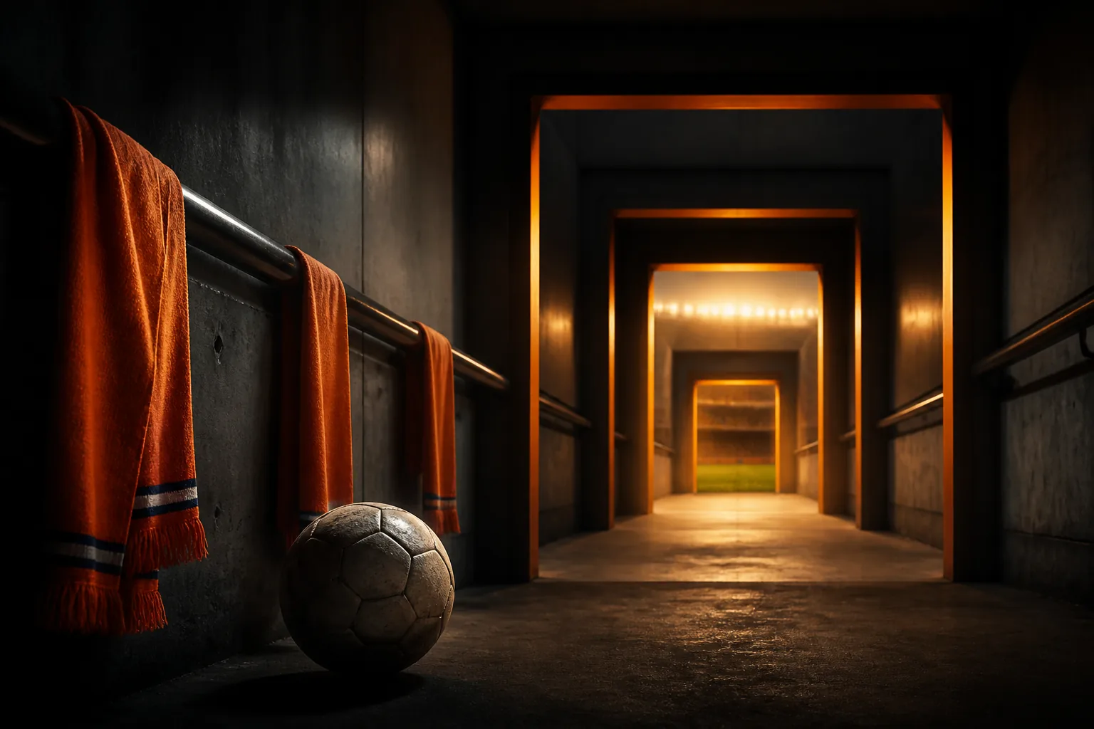 A quiet stadium tunnel with three golden-lit exits symbolising the Netherlands three lost World Cup finals