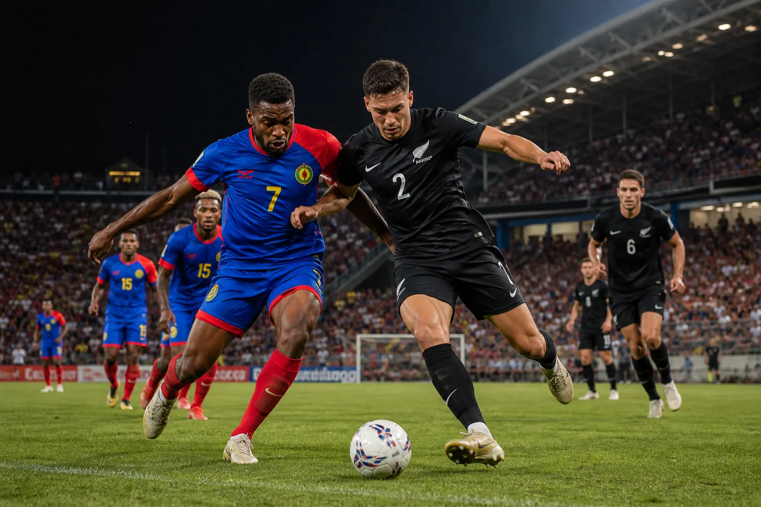 A fictional New Caledonia attacker battling a black-shirted Oceania opponent in a packed stadium