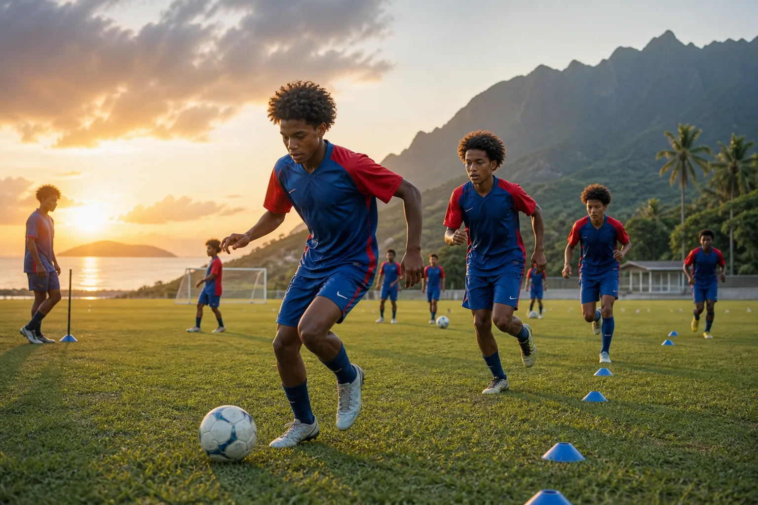 Young New Caledonian footballers training at a Pacific island academy at sunset