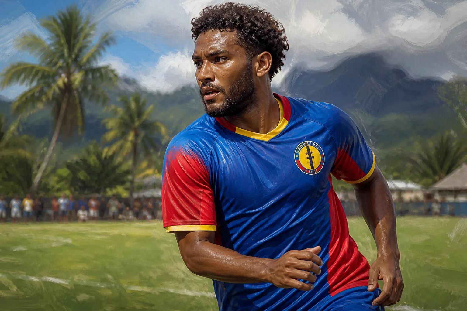 A fictional editorial portrait inspired by New Caledonia forward Georges Gope-Fenepej in a blue-and-red national-team kit