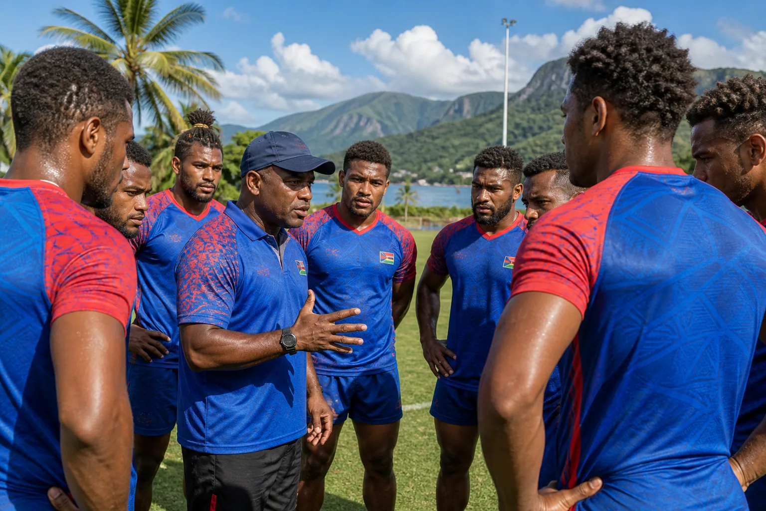 A fictional New Caledonia squad listening to a coach during a training-ground team talk