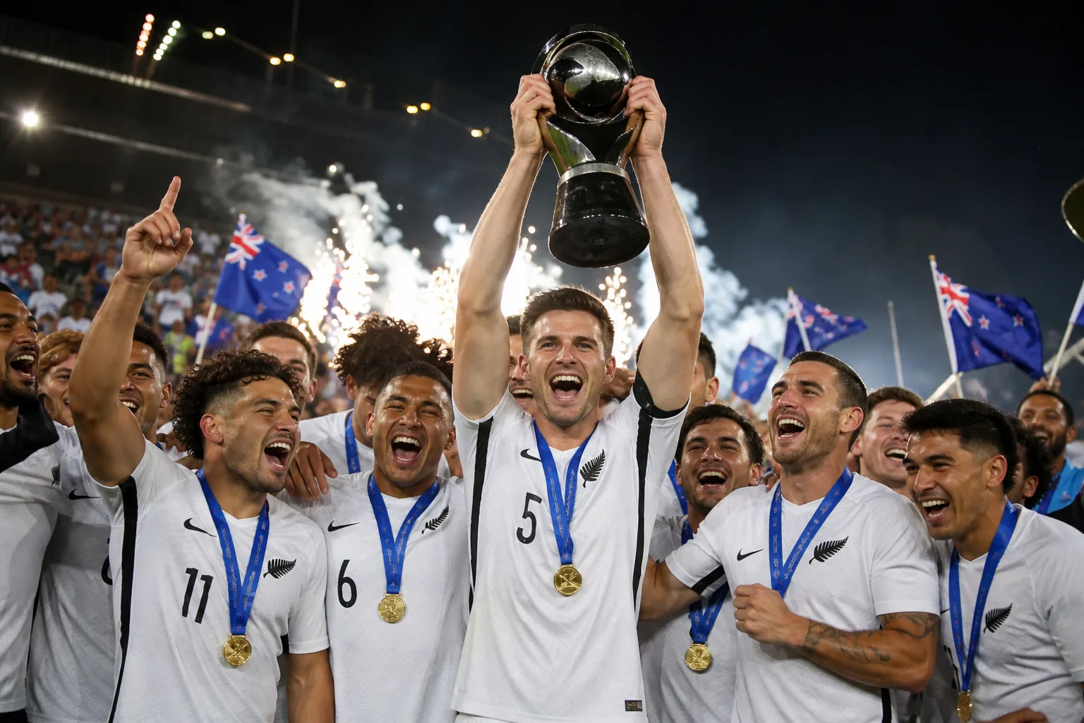 New Zealand All Whites lifting an OFC Nations Cup trophy before Pacific supporters