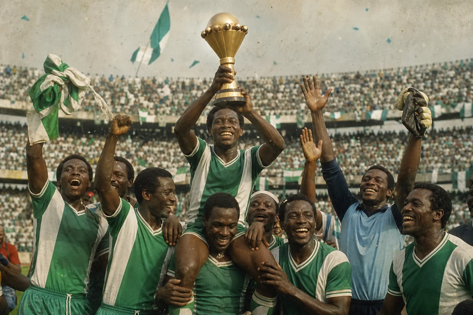 Fictional Nigerian footballers celebrating the first AFCON title in 1980