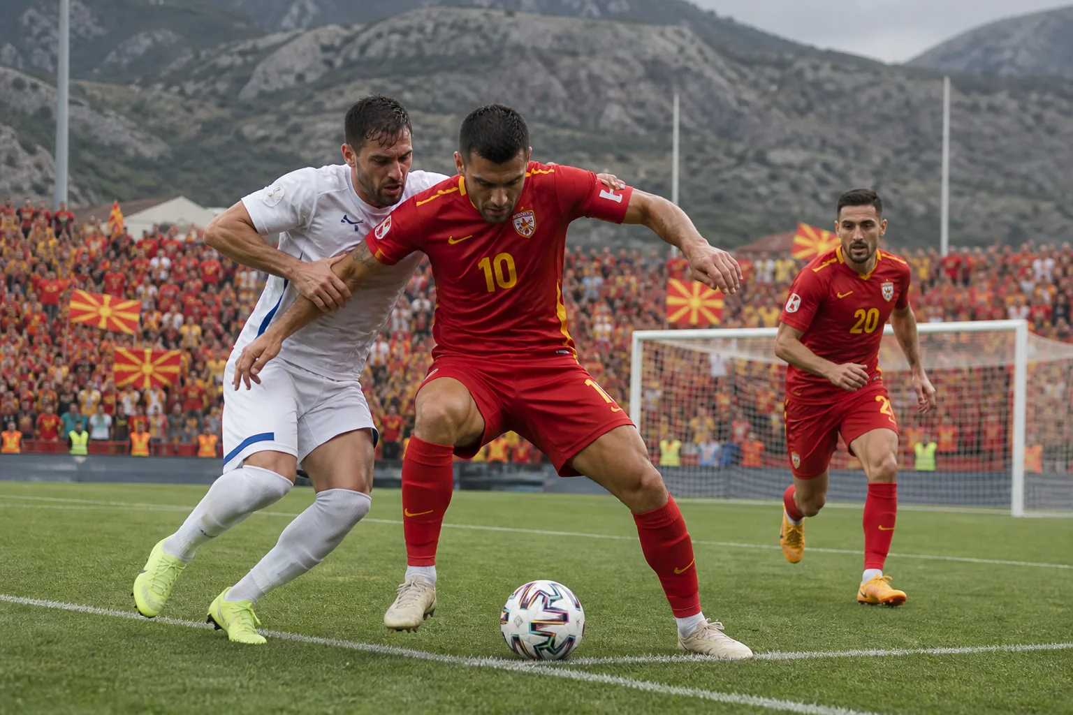 Fictional North Macedonian footballers battling for the ball in a competitive international match