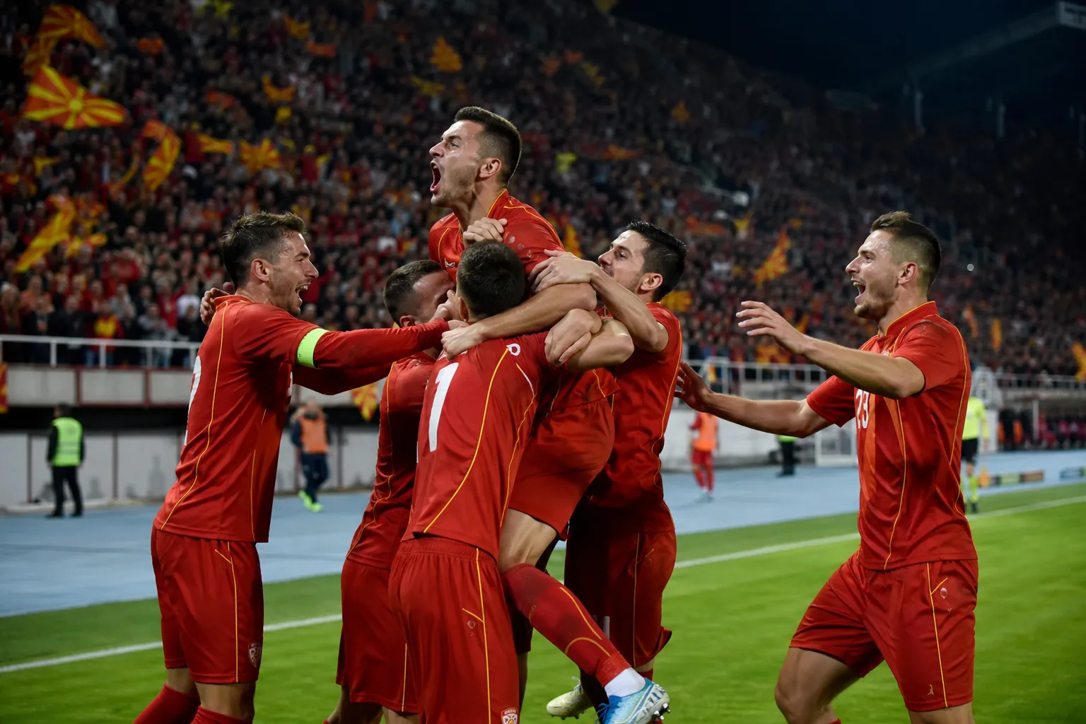 Fictional North Macedonian footballers celebrating qualification for Euro 2020
