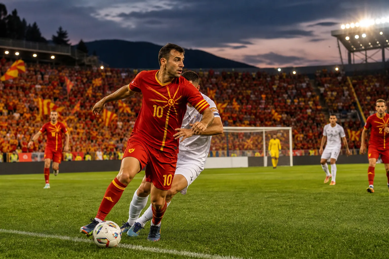 A fictional North Macedonian national-team star forward leading an international attack