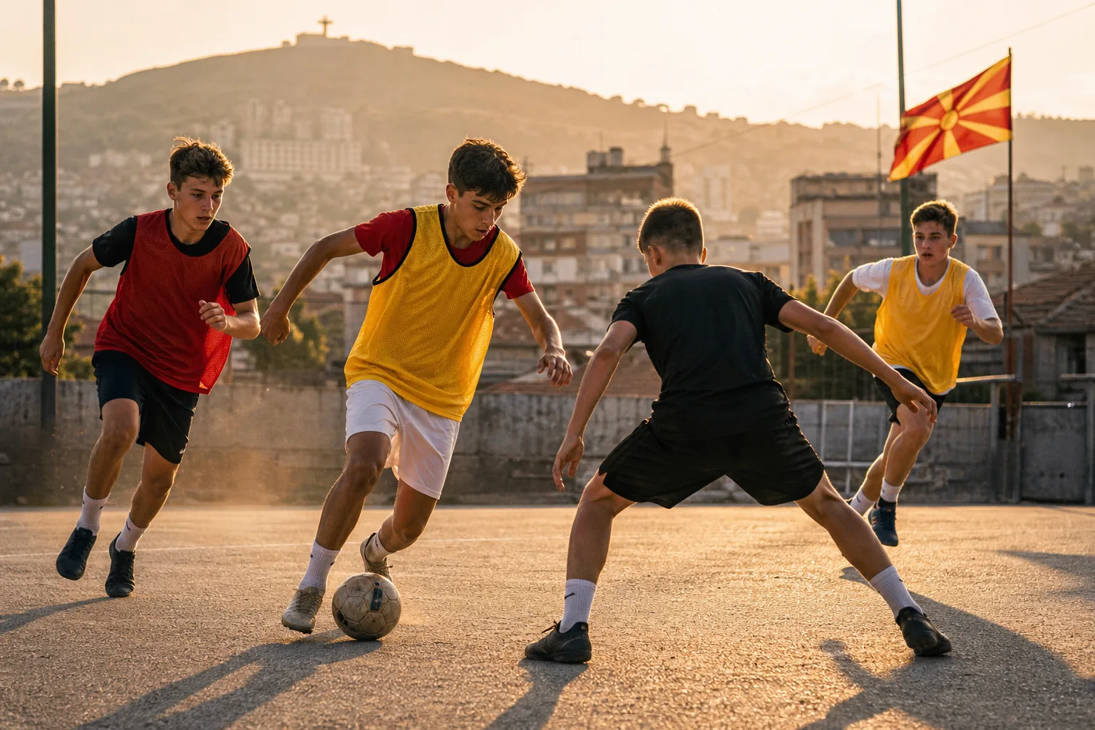 Fictional young North Macedonian footballers playing an intense street match in Skopje