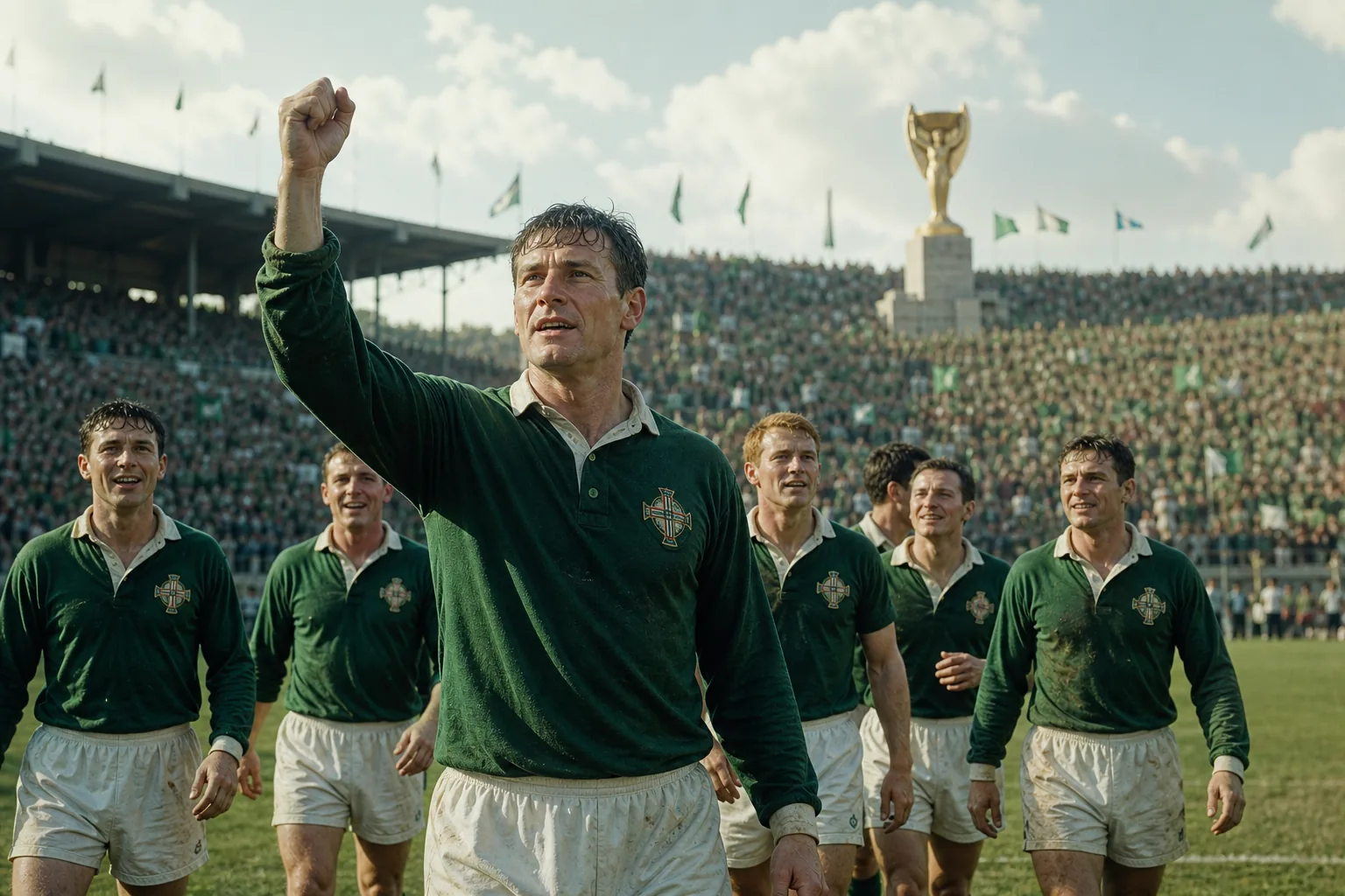 Fictional Northern Irish players celebrating their remarkable 1958 World Cup breakthrough