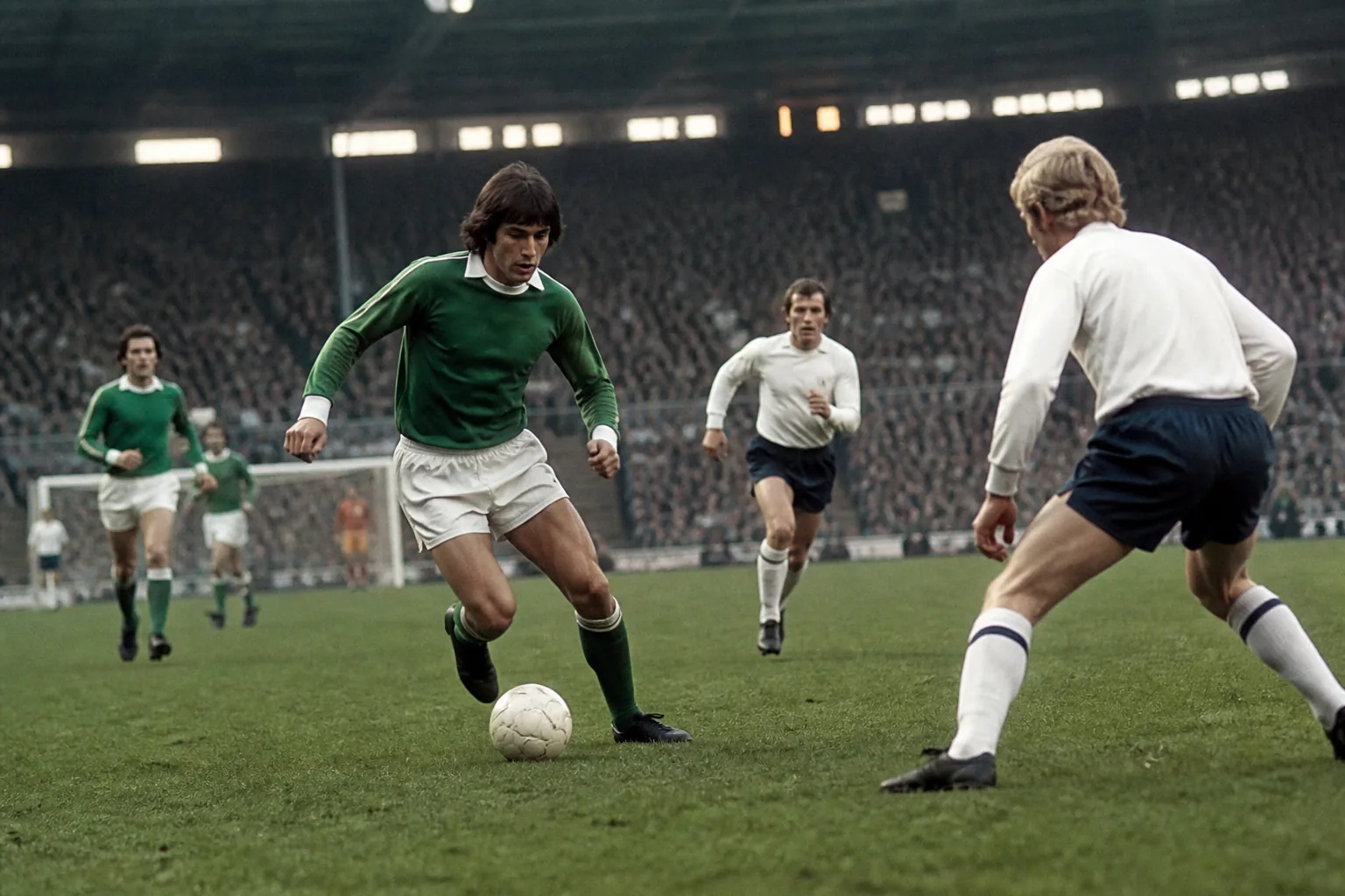 A fictional Northern Irish national-team star winger dribbling past defenders