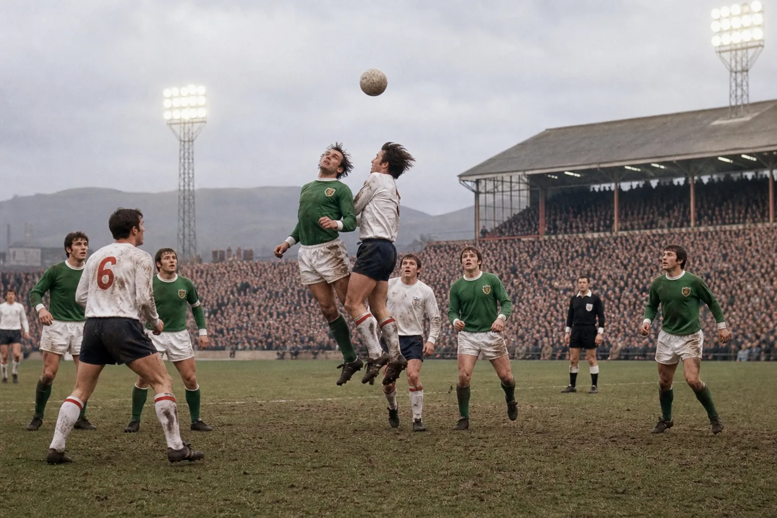 Fictional Northern Irish footballers contesting a rugged historic international match