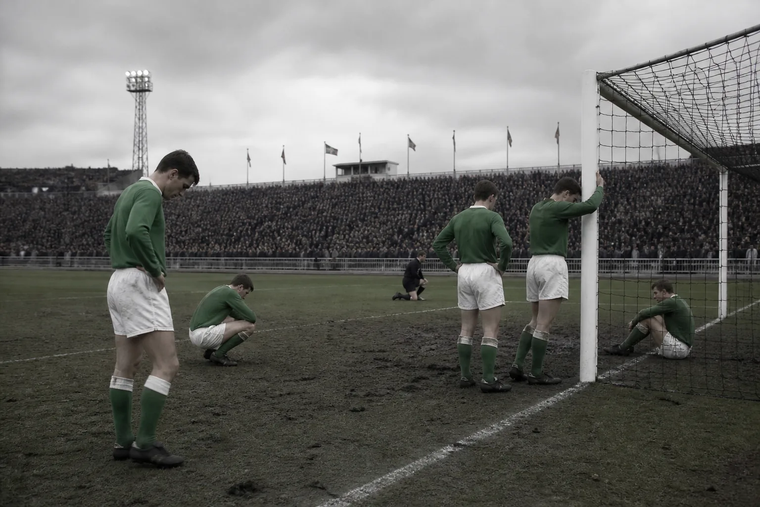 Fictional Northern Irish players reacting after a dramatic knockout defeat