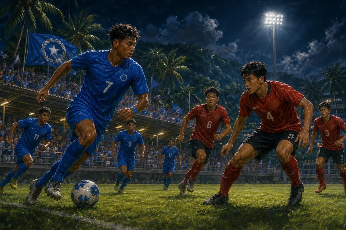 Fictional Northern Mariana Islands players in blue competing against an experienced East Asian opponent in a compact tropical stadium