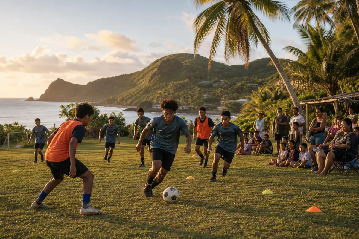 Young fictional Northern Mariana Islands footballers training on a community pitch beside palm trees and coastal hills