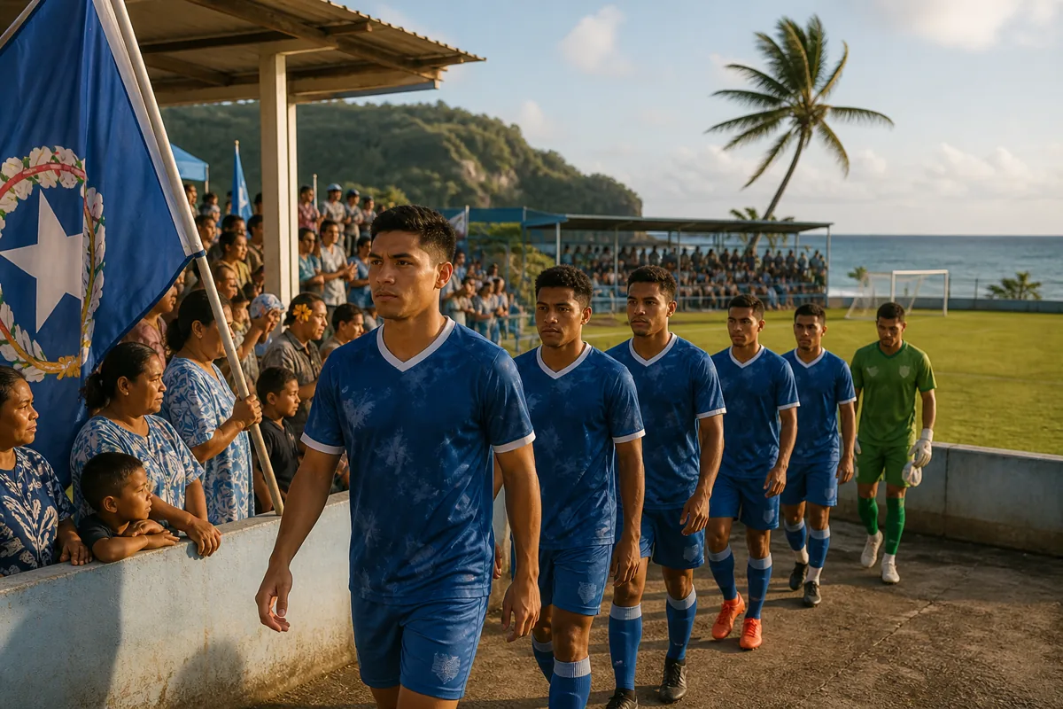 Fictional Northern Mariana Islands players in blue walking onto a modest island stadium pitch with the ocean horizon behind them