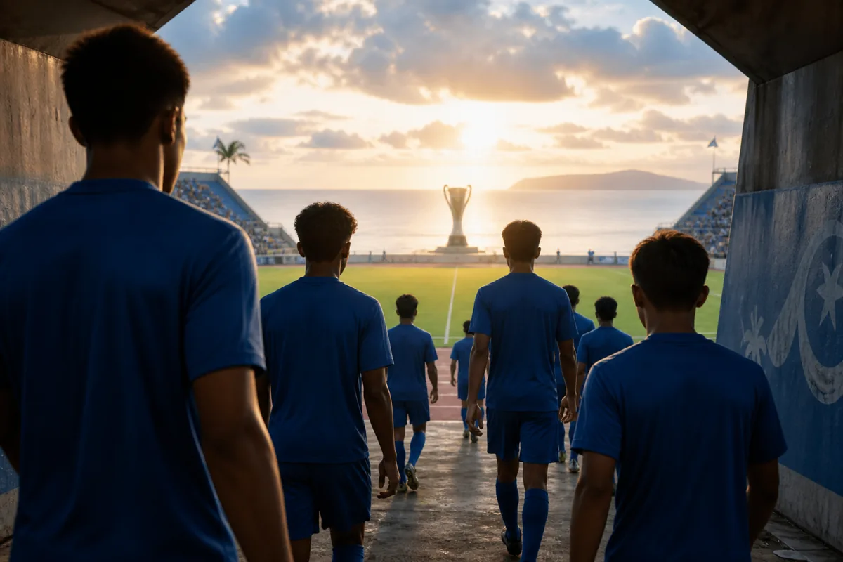 Fictional young Northern Mariana Islands footballers leaving a small stadium tunnel toward a bright Pacific pitch and a distant AFC trophy