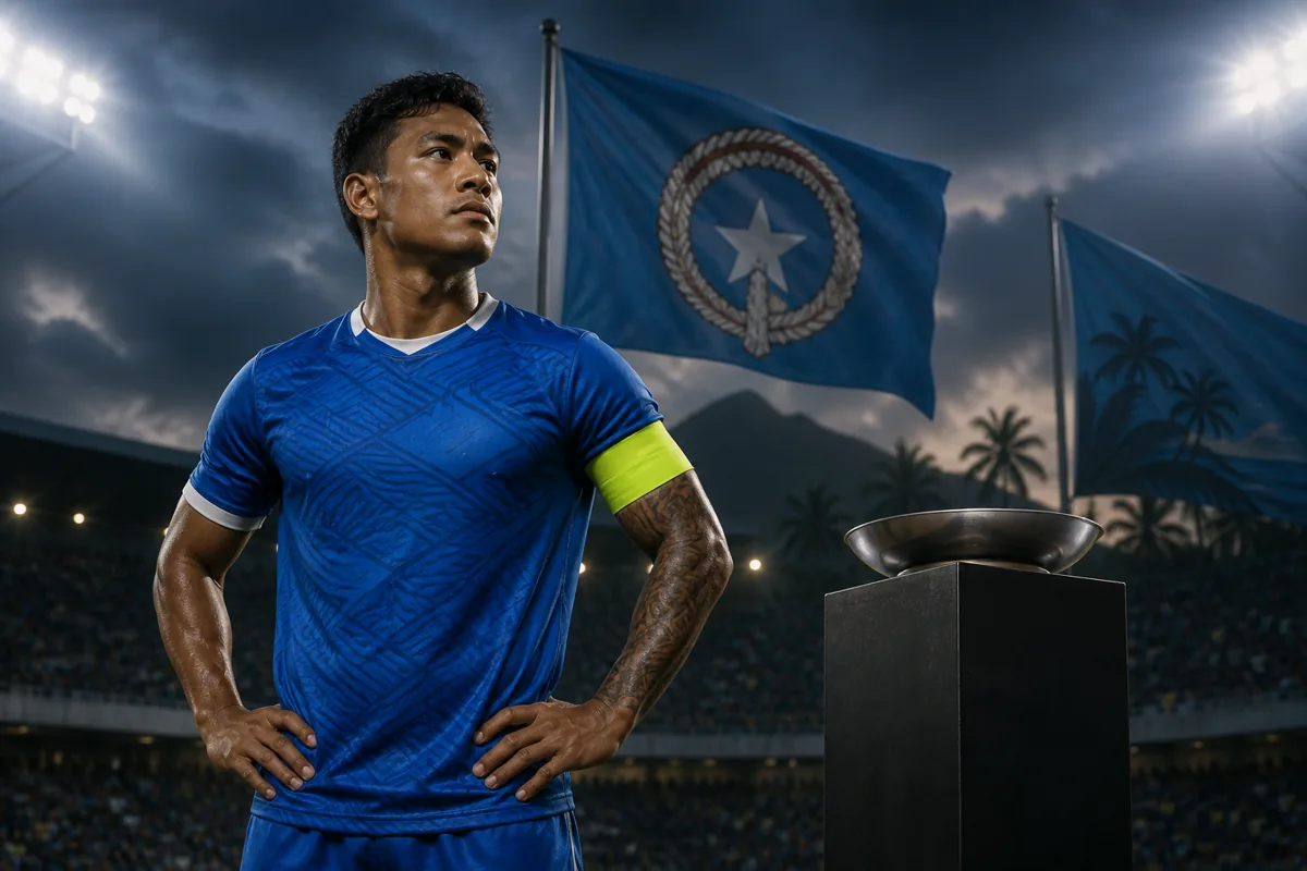 Editorial sports portrait of a fictional Northern Mariana Islands captain in a blue kit under Pacific stadium lights with an empty AFC trophy pedestal