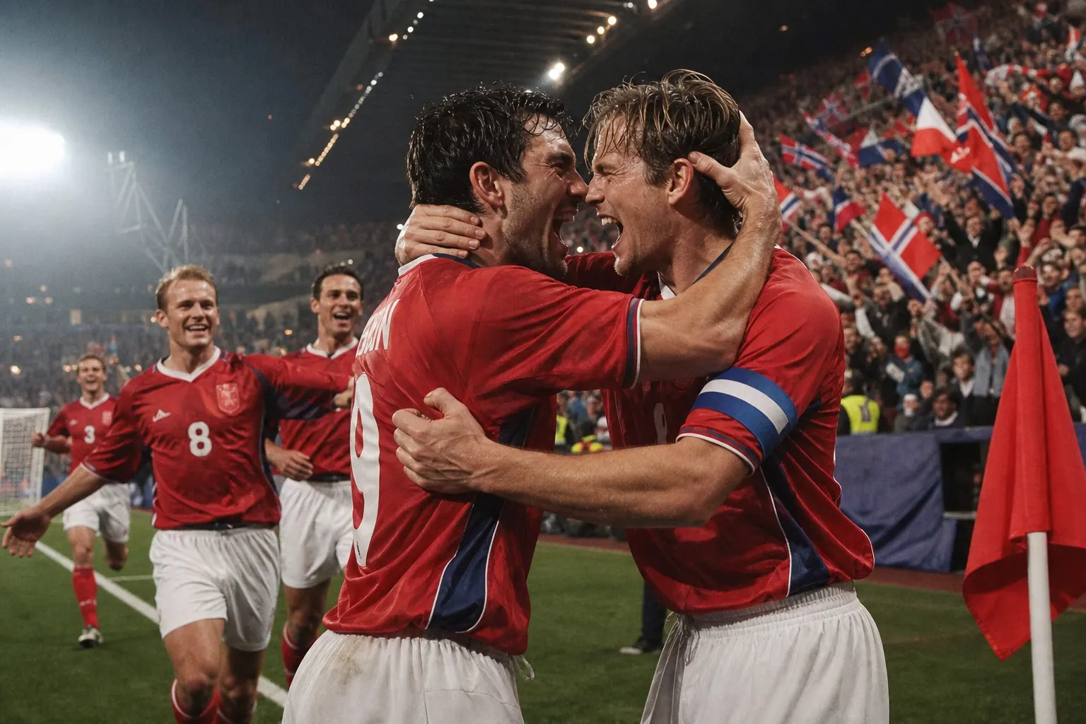 Fictional Norwegian footballers celebrating their famous 1998 World Cup victory over Brazil