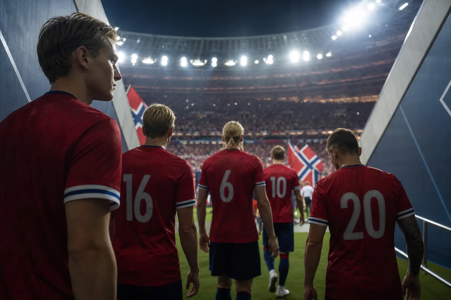 Fictional Norwegian footballers walking toward a World Cup quarter-final under intense stadium lights