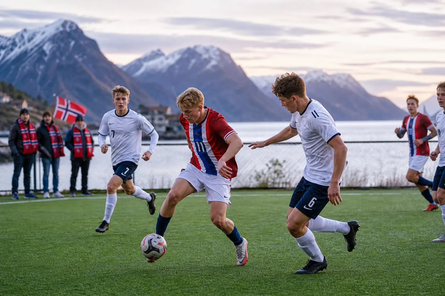 Young fictional Norwegian footballers playing beside a fjord