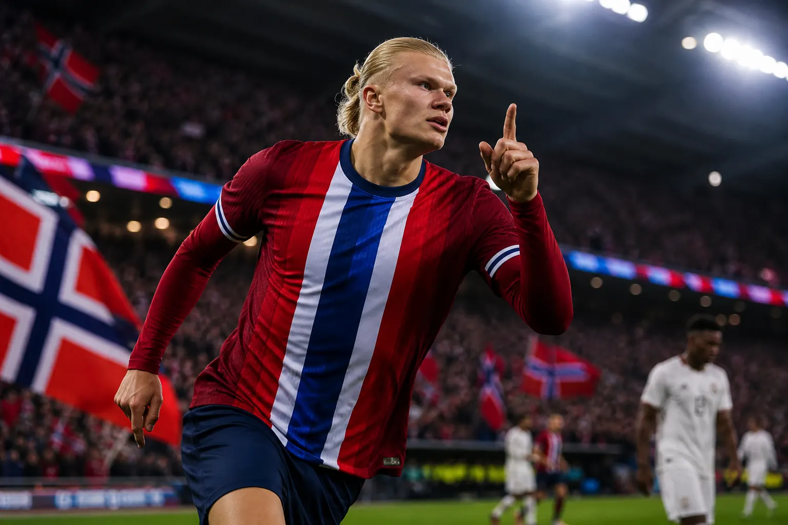 A fictional Norwegian national-team star striker leading a knockout attack