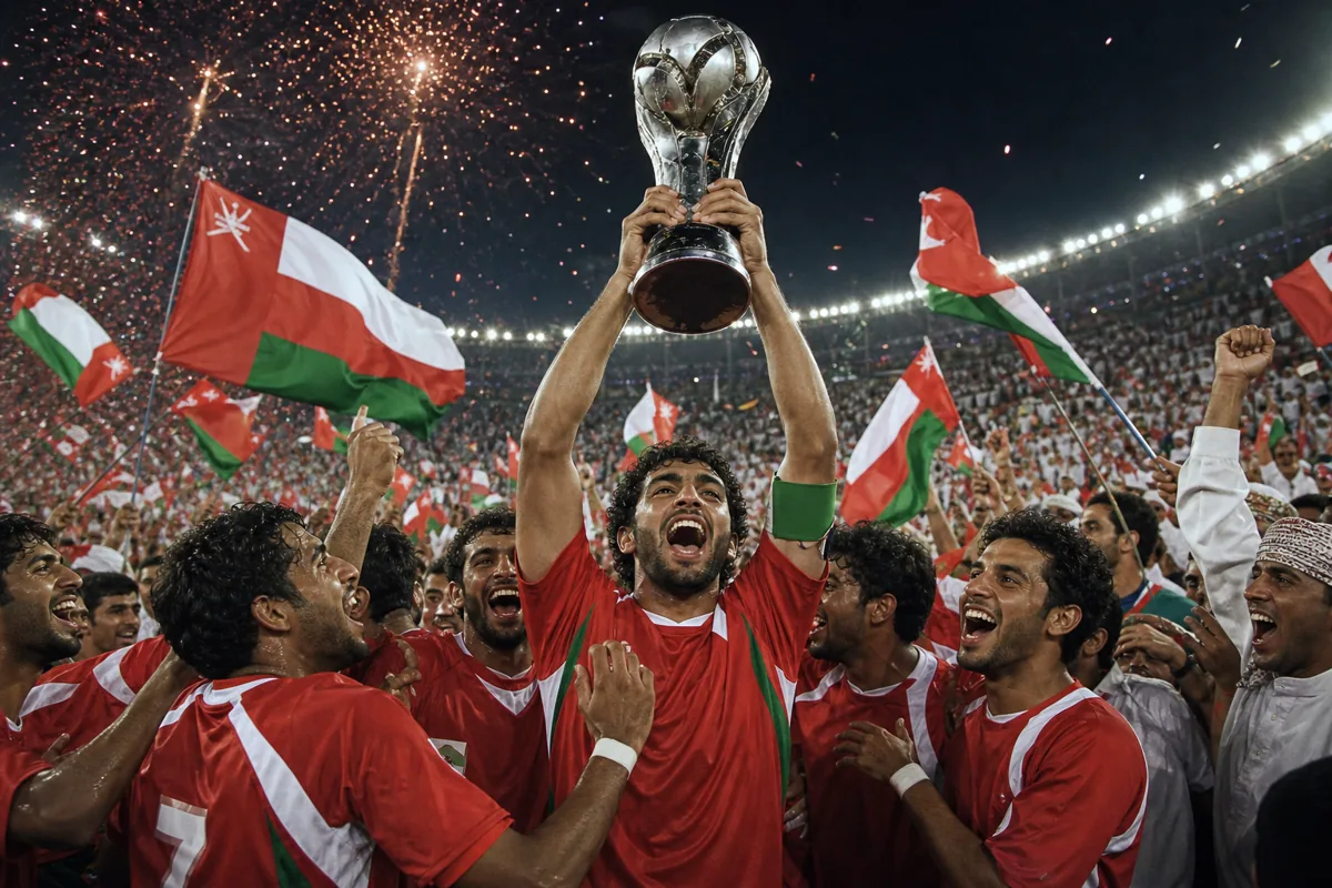 Fictional Omani players in red lifting the Gulf Cup in a packed stadium while supporters wave red, white and green flags