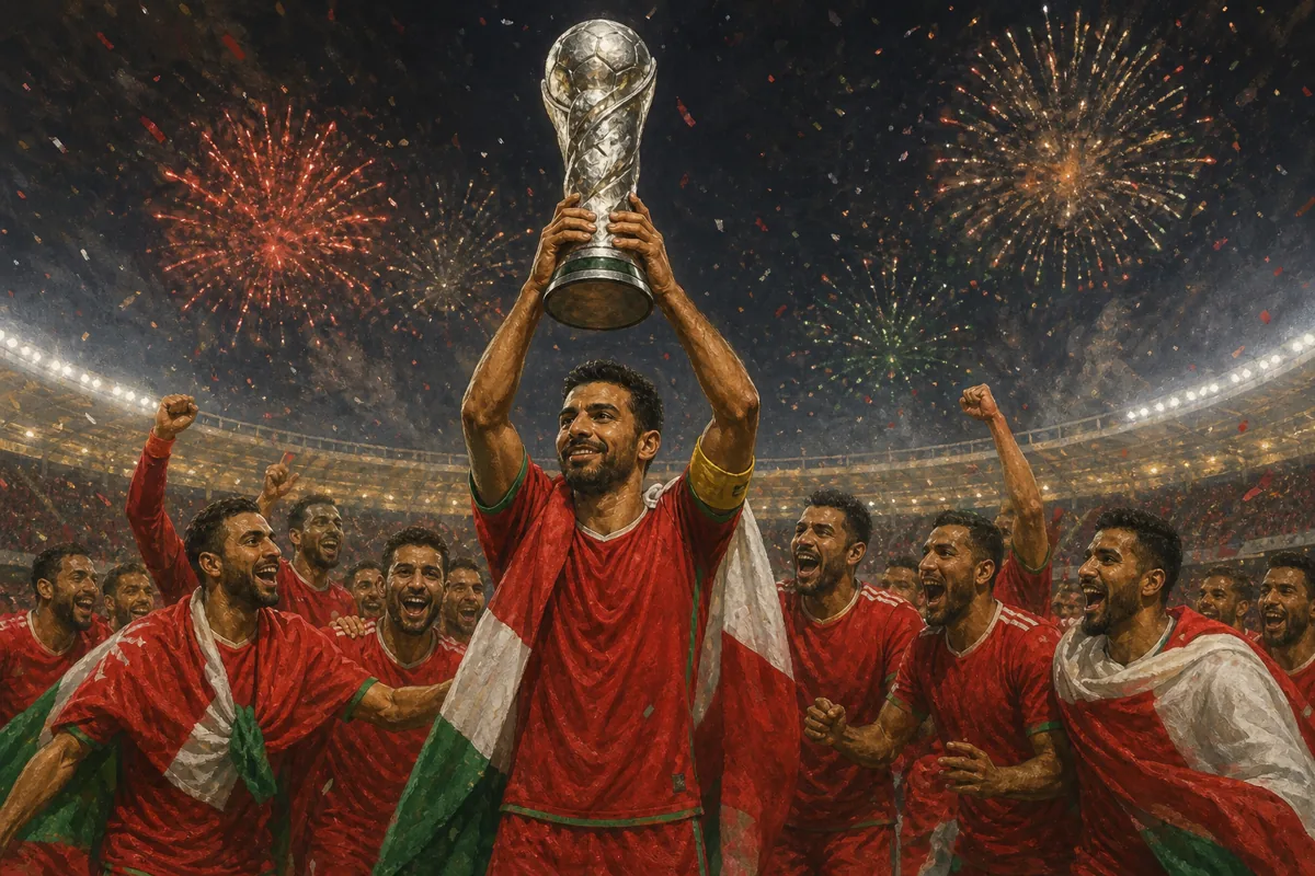 Fictional Omani captain holding the Gulf Cup above his head as fireworks rise over a Gulf stadium