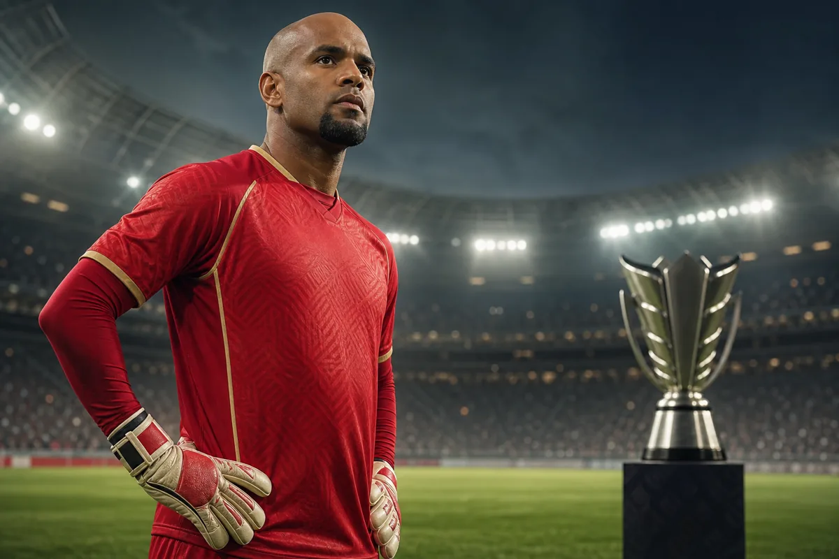 Editorial sports portrait of a fictional Omani goalkeeper inspired by Ali Al-Habsi under stadium lights with a distant Asian Cup trophy