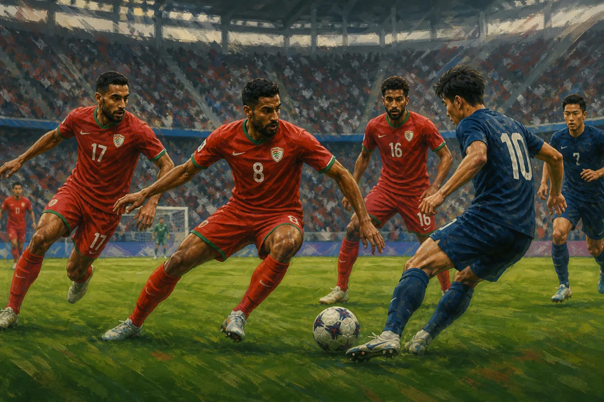 Fictional Omani midfielders in red defending together against a strong Asian opponent in a tense stadium match