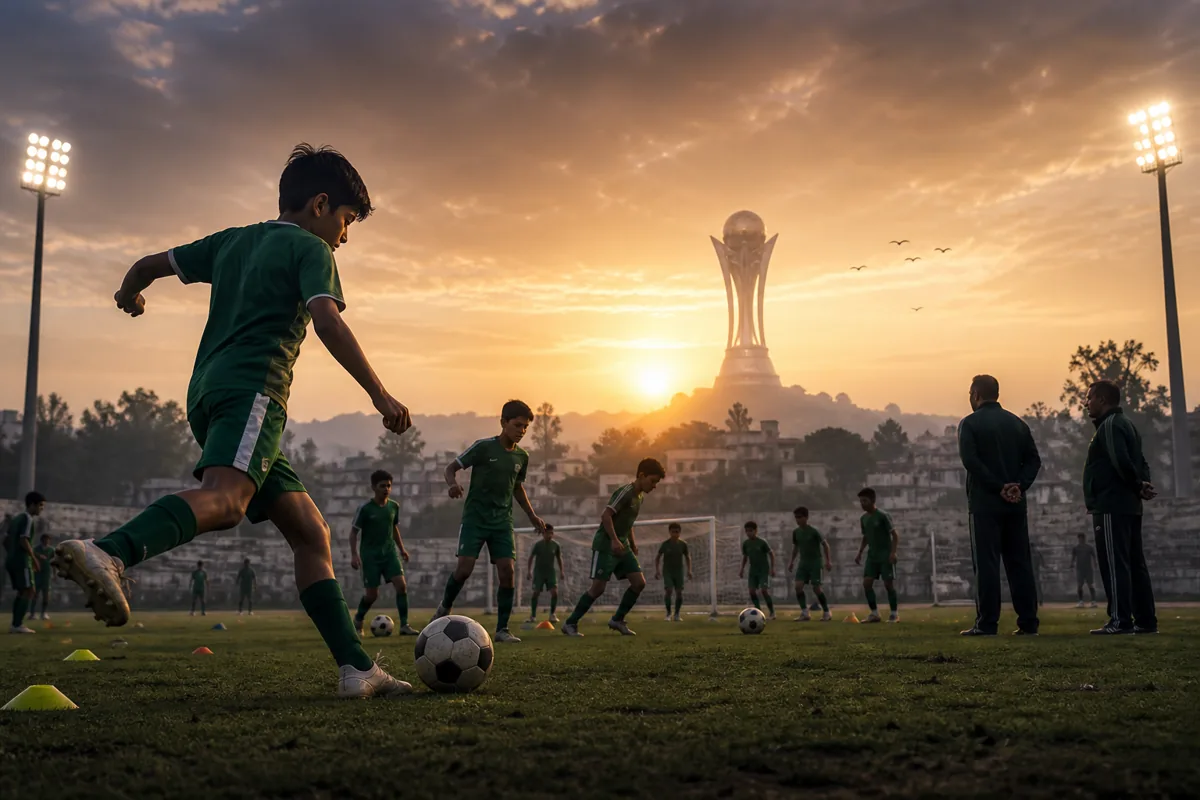 Fictional young Omani footballers leaving a stadium tunnel toward a bright pitch with Muscat mountains and a distant Asian Cup trophy