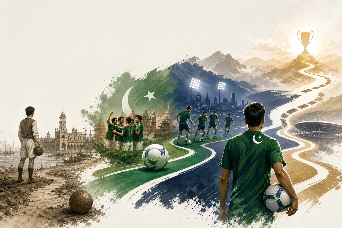 Text-free editorial timeline illustration of Pakistan's international football beginning, South Asian competition and Asian Cup target
