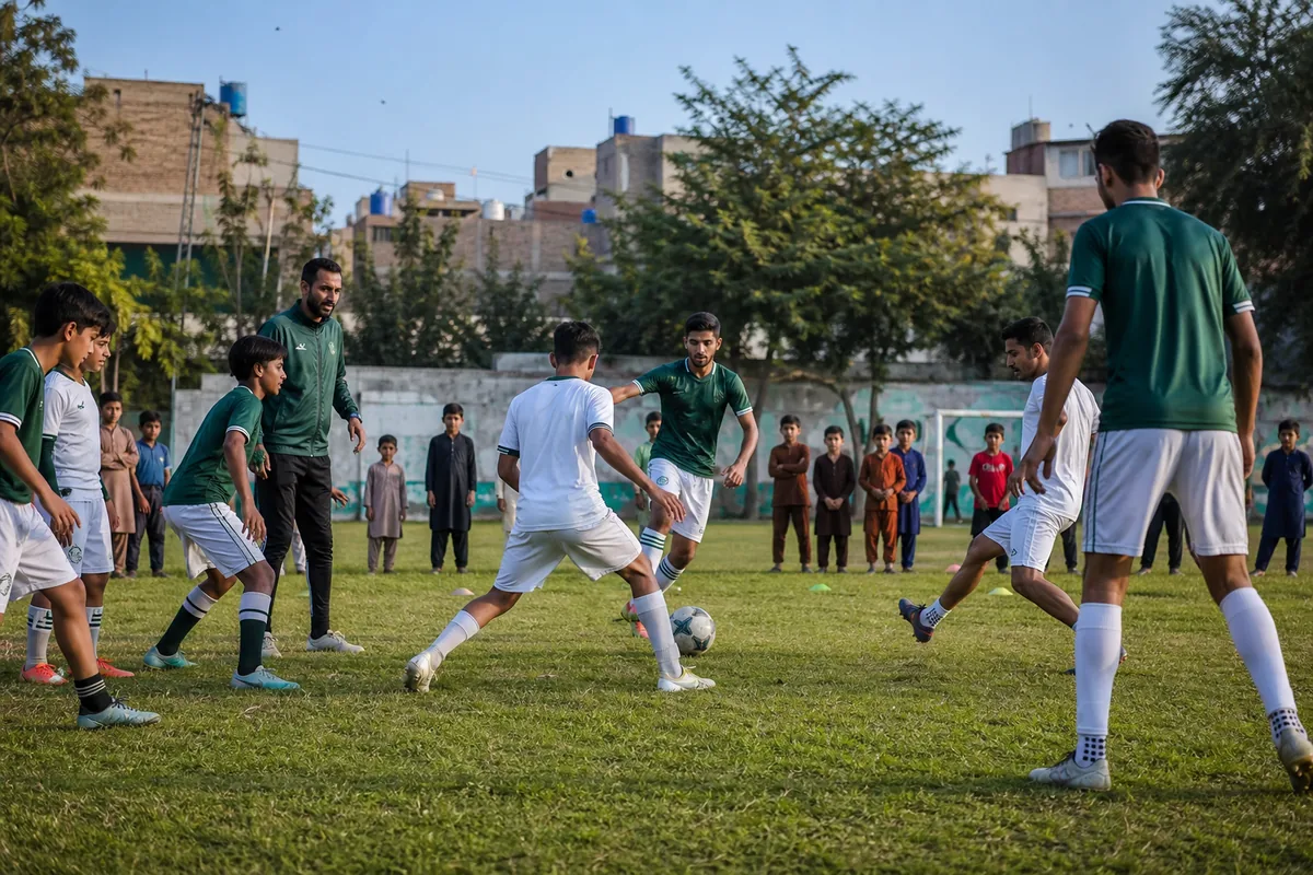Fictional Pakistan youth and senior footballers training together on a lively community pitch