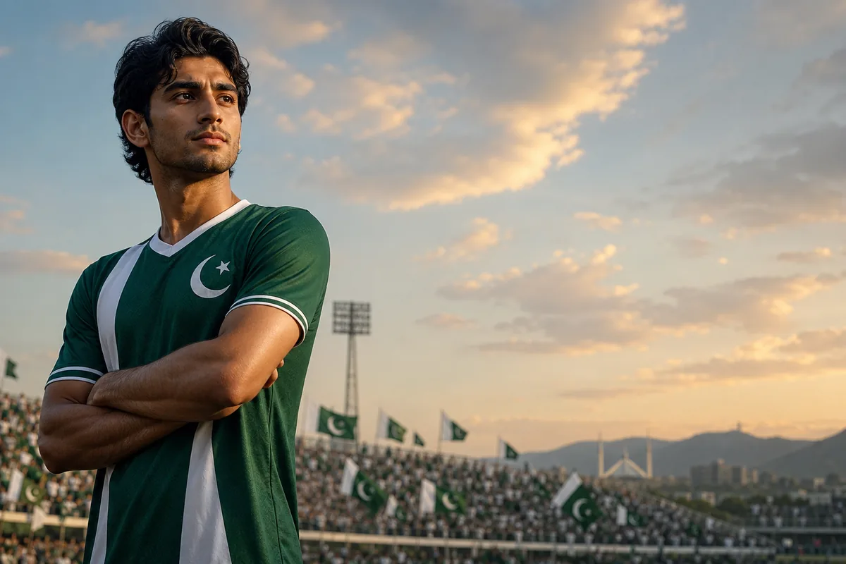 A fictional Pakistan national-team forward inspired by Otis Khan standing before a stadium with green-and-white flags