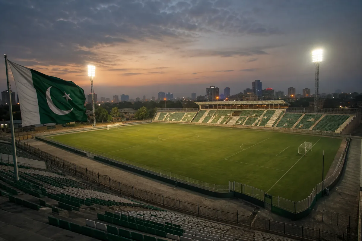 A Pakistan football stadium-inspired ground prepared for a South Asian match with green-and-white flags