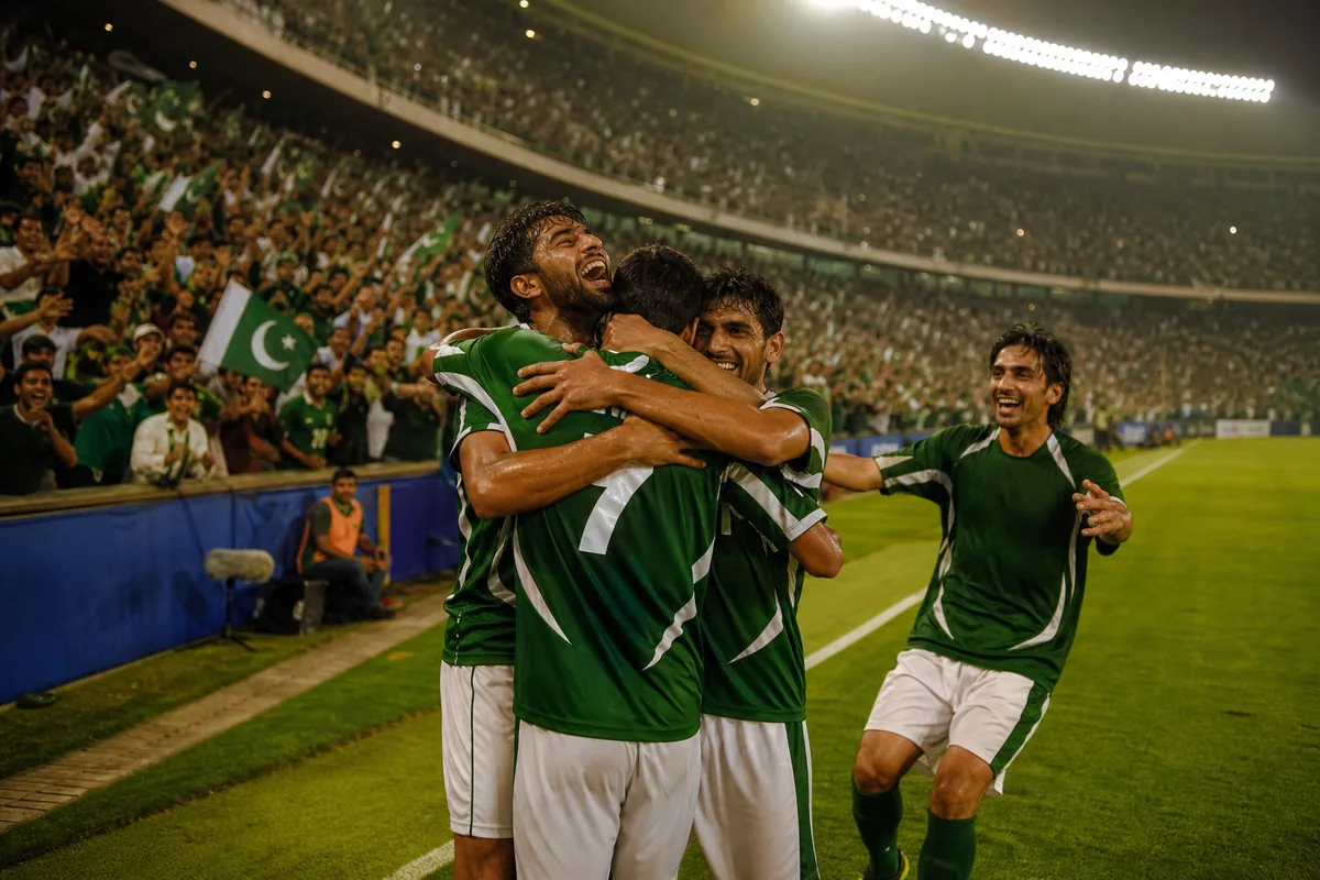 Fictional Pakistan players celebrating a hard-earned South Asian qualifying victory