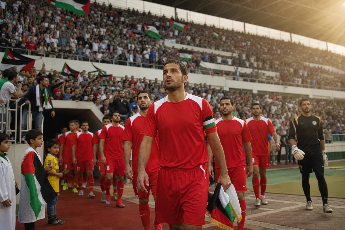 Fictional Palestine players in red walking onto a bright Asian stadium pitch for their first Asian Cup appearance