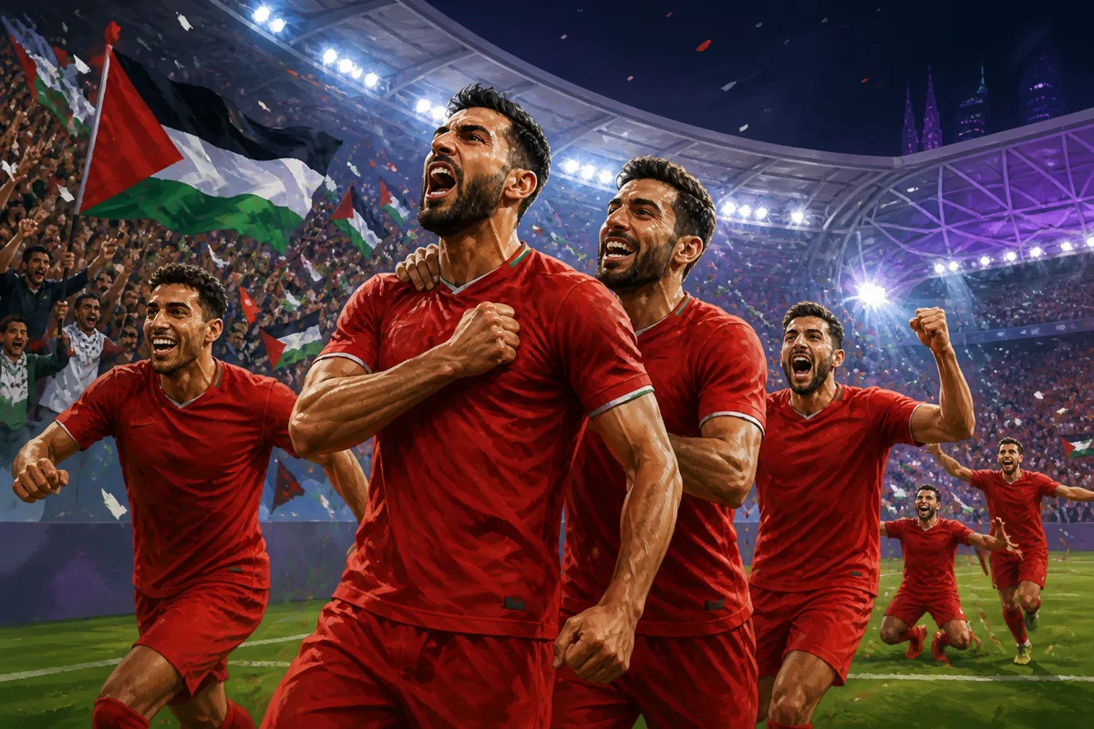 Fictional Palestine players in red celebrating a hard-earned Asian Cup knockout-stage place in a modern stadium