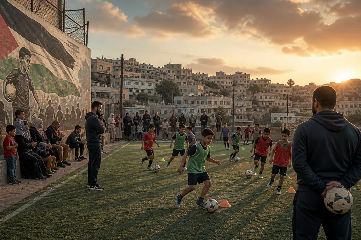 Young fictional Palestine footballers training together on a compact community pitch with coaches, families and supporters nearby