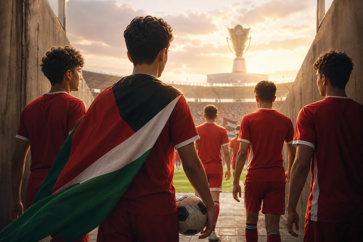 Fictional young Palestine footballers leaving a stadium tunnel toward a bright pitch and a distant AFC Asian Cup trophy