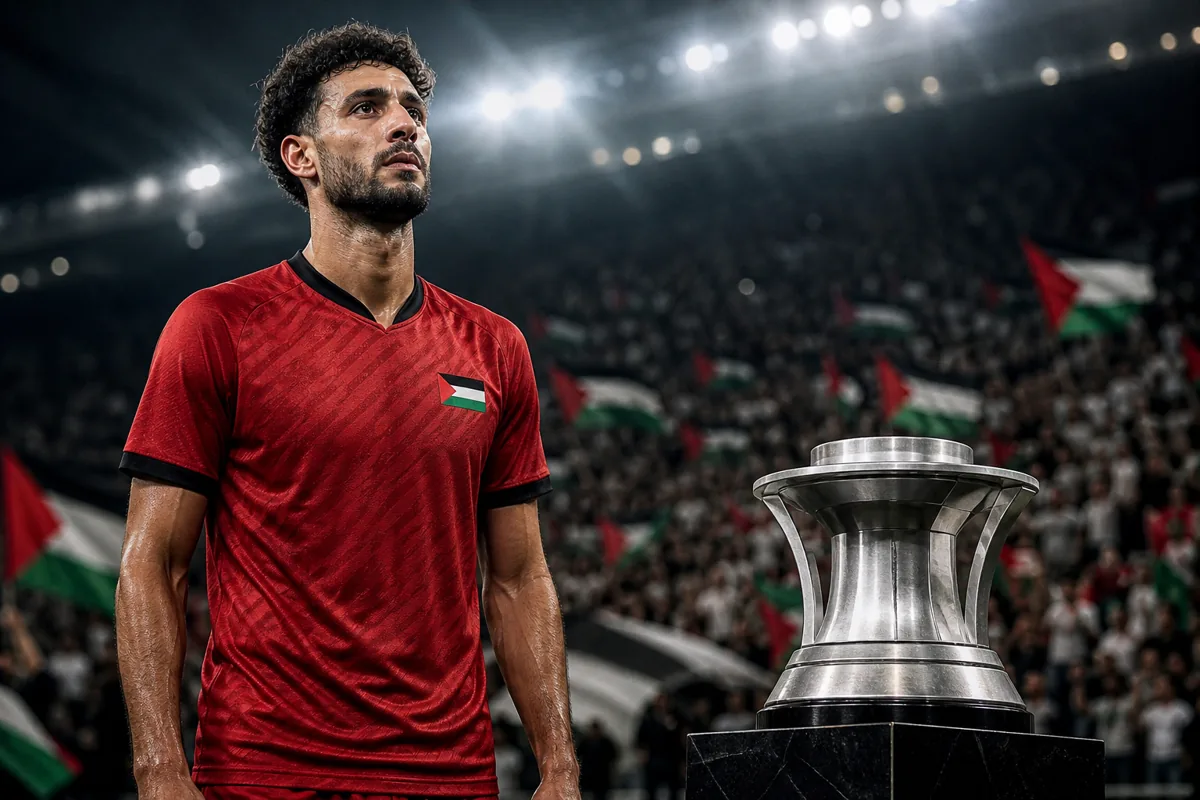 Editorial sports portrait of a fictional Palestine striker inspired by Wessam Abu Ali under stadium lights with an empty Asian Cup trophy pedestal