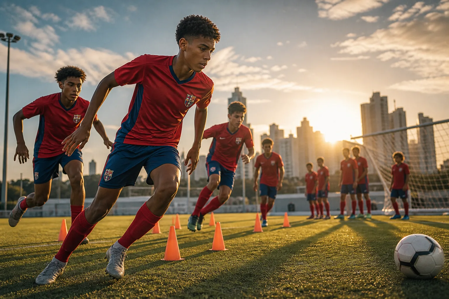 A fictional editorial portrait inspired by Panama captain Roman Torres in a red-and-blue Los Canaleros kit