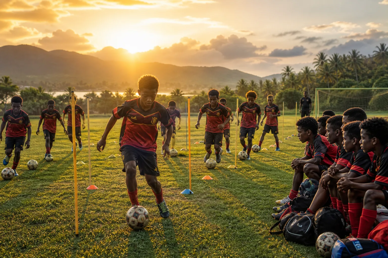 A fictional editorial portrait inspired by Papua New Guinea striker Tommy Semmy in a red-and-black Kapuls kit