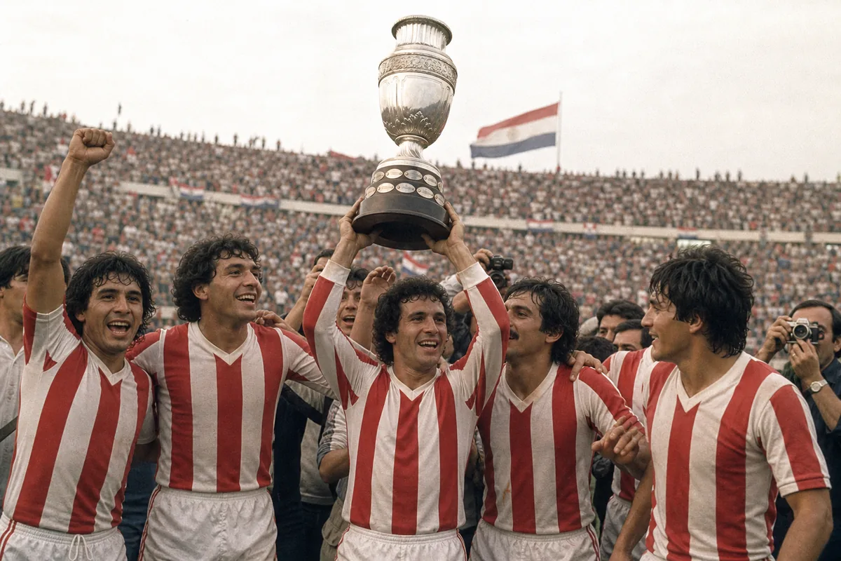 Fictional Paraguay players celebrating the 1979 Copa América title after a tense final series