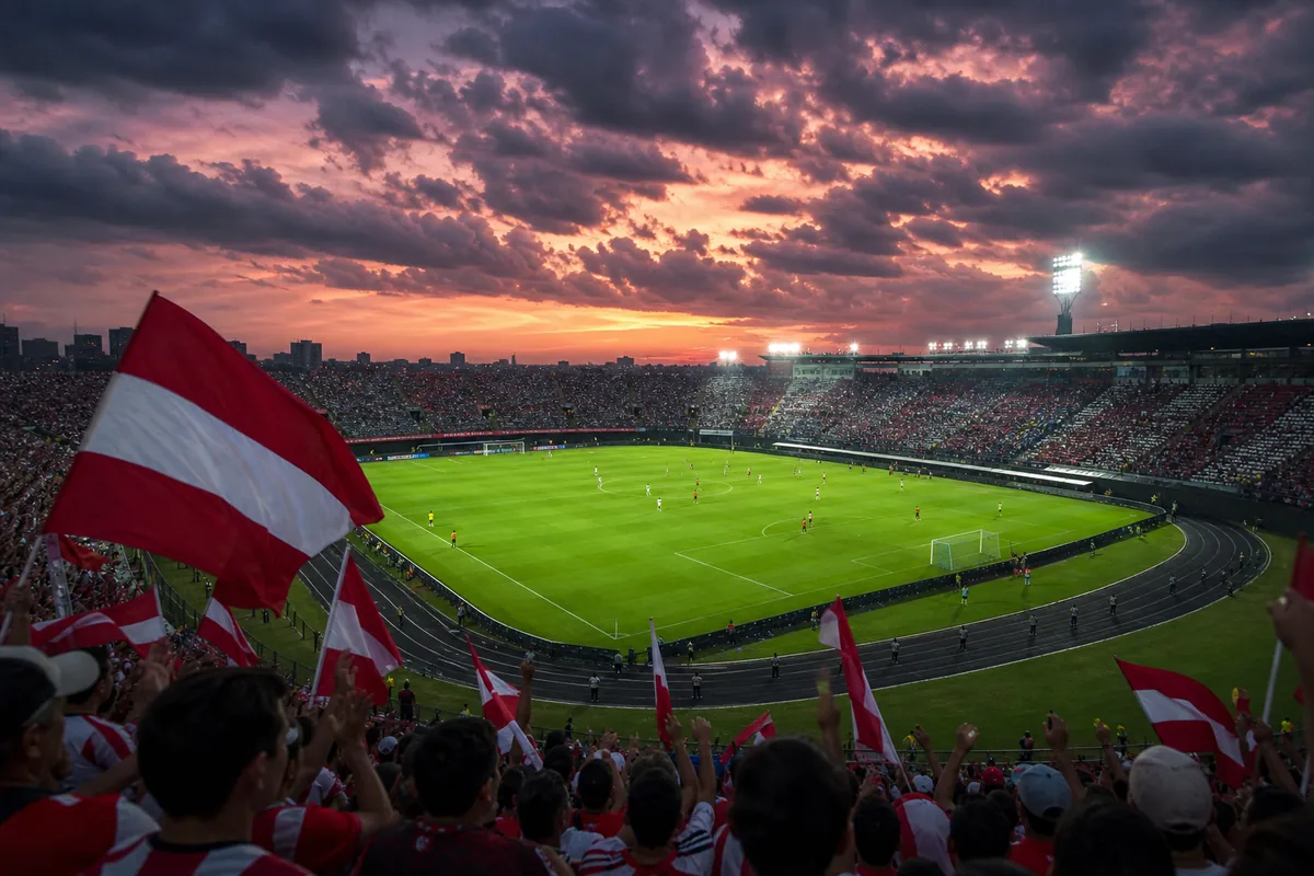 A South American football stadium inspired by Asuncion's Defensores del Chaco at dusk with red-and-white flags