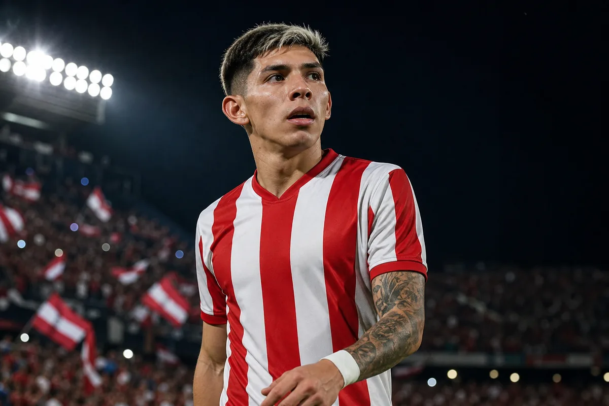 A fictional Paraguay national-team attacking midfielder inspired by Julio Enciso standing under stadium lights with red-and-white flags