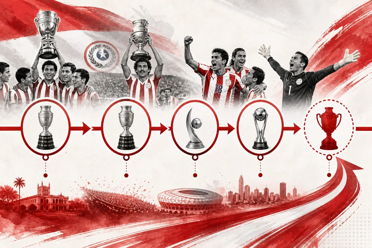 Text-free editorial timeline illustration of Paraguay's 1953 and 1979 Copa América titles, 2010 World Cup quarter-final and third-title target