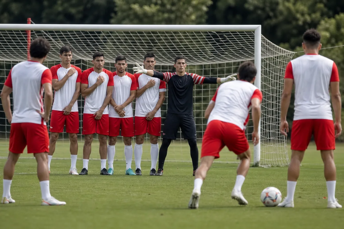Fictional Paraguay defenders and attackers in an intense tactical session with a goalkeeper organizing a defensive wall